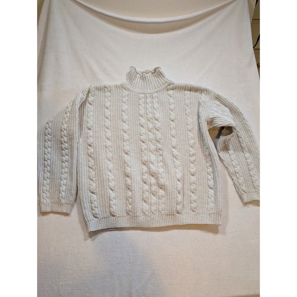 Liz & Co Womens Size S Cable Knit Turtleneck Sweater Cream Cotton‎ Blend